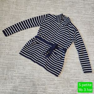 Talbots petite womens super soft belted sweater cardigan blue white size small